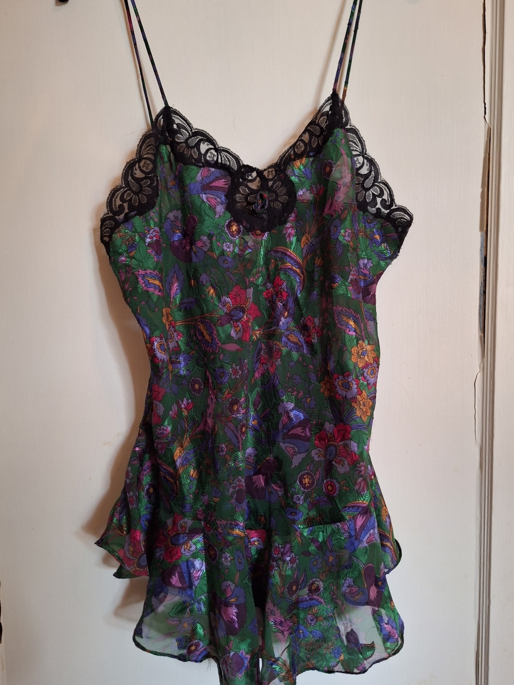 Vintage Victoria Secret Womens Multicolor Floral Blk Lace Chemise Gold Label L